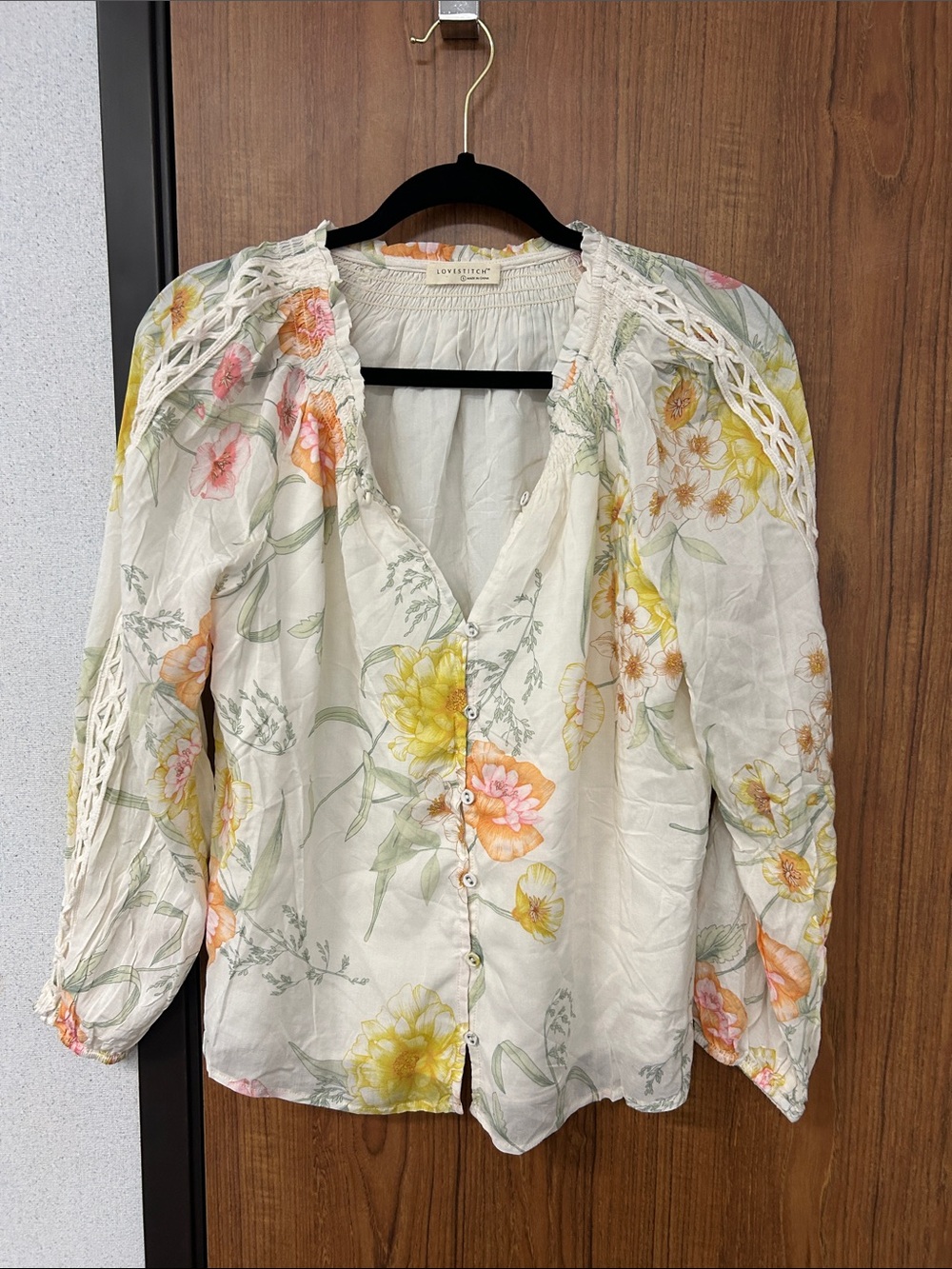 lovestitch Cream Floral Button-Front Blouse with Yellow & Pink Blooms